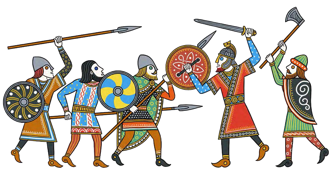 Stylized image of vikings battling