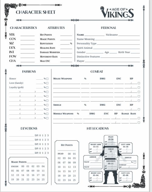 Front page of the Age of Vikings Character Sheet